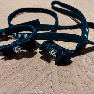 Black Suede Dog Leash & Collar Set • Bow & Charm • 47” Leash • 15” Collar
